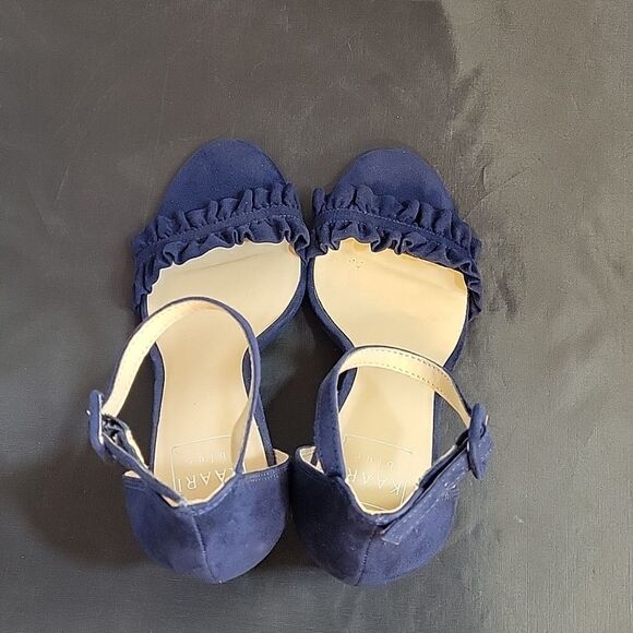 KAARI BLUE RUFFLE BLOCK HEEL OPEN TOE ADJUSTABLE BUCKLE ANKLE STRAP SANDAL - Picture 13 of 16